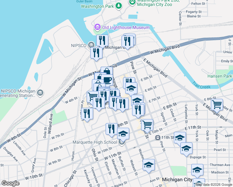 map of restaurants, bars, coffee shops, grocery stores, and more near 200-298 W 5th St in Michigan City
