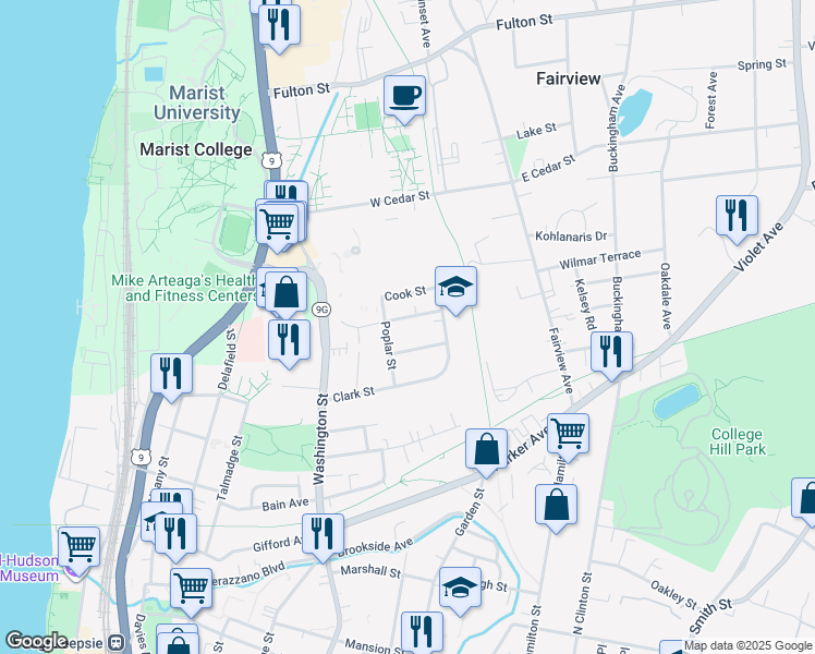 map of restaurants, bars, coffee shops, grocery stores, and more near 34 Adams Street in Poughkeepsie