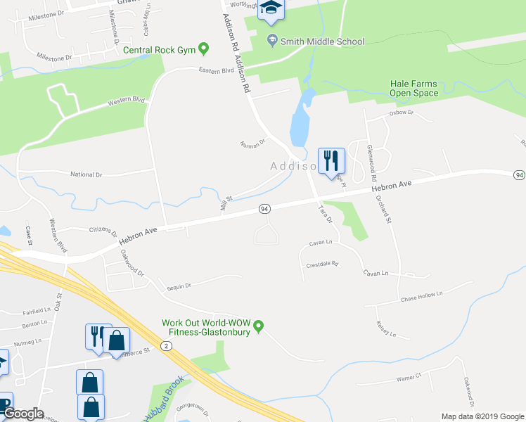map of restaurants, bars, coffee shops, grocery stores, and more near 6 Dutton Place Way in Glastonbury