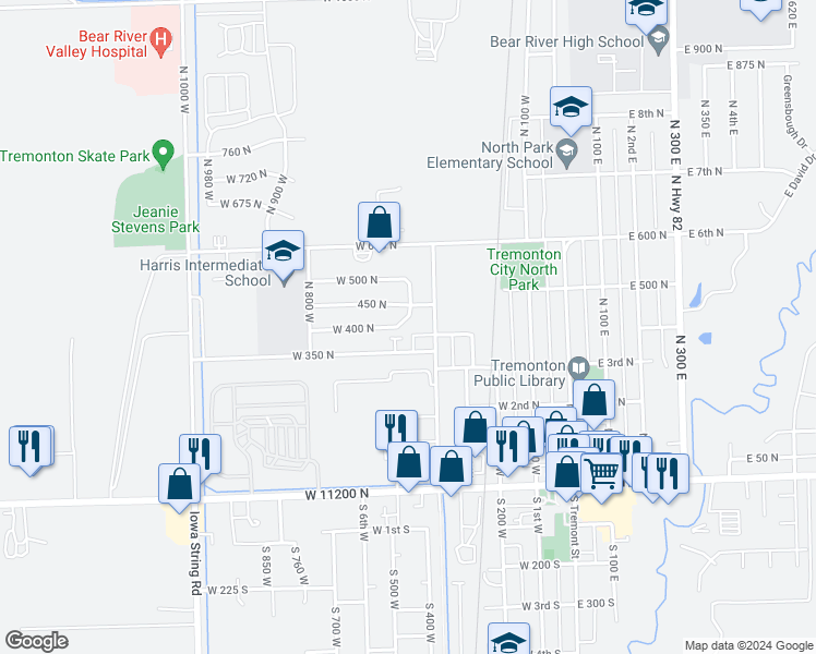 map of restaurants, bars, coffee shops, grocery stores, and more near 524 West 400 North in Tremonton