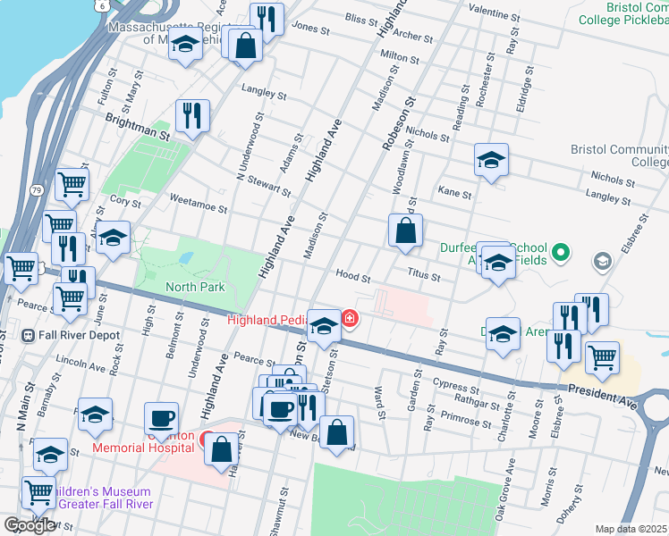 map of restaurants, bars, coffee shops, grocery stores, and more near 22 Greenlawn Street in Fall River