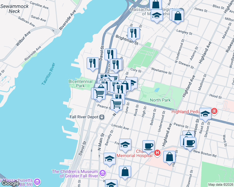 map of restaurants, bars, coffee shops, grocery stores, and more near 180 President Avenue in Fall River