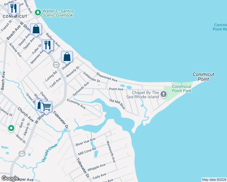 map of restaurants, bars, coffee shops, grocery stores, and more near 238 Point Avenue in Warwick