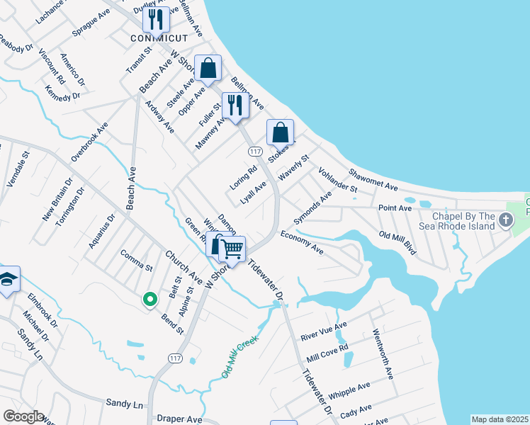 map of restaurants, bars, coffee shops, grocery stores, and more near 1095 West Shore Road in Warwick