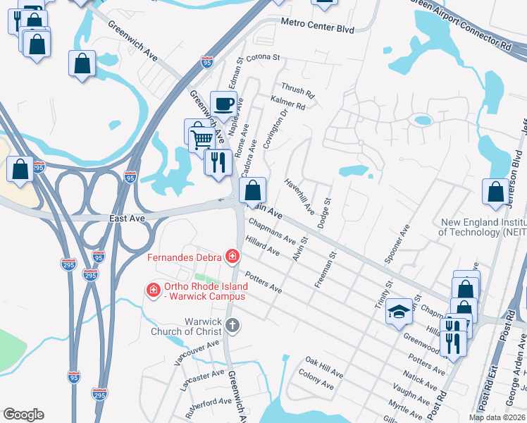 map of restaurants, bars, coffee shops, grocery stores, and more near 1157 Main Avenue in Warwick