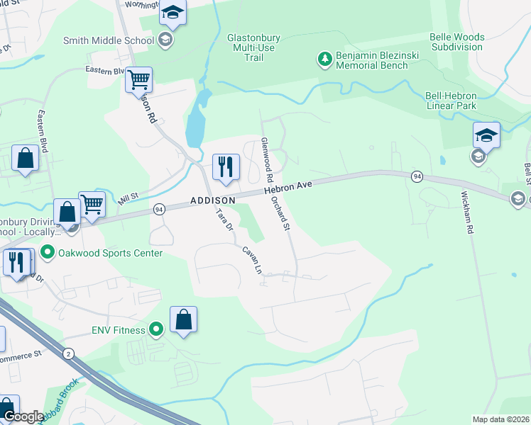 map of restaurants, bars, coffee shops, grocery stores, and more near 1016 Hebron Avenue in Glastonbury