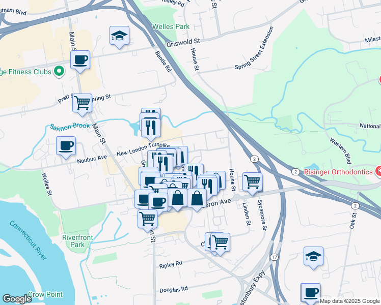 map of restaurants, bars, coffee shops, grocery stores, and more near 113 Salmon Brook Drive in Glastonbury