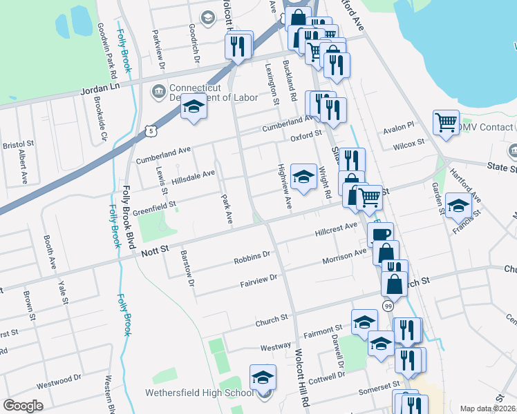 map of restaurants, bars, coffee shops, grocery stores, and more near 183 Wolcott Hill Road in Wethersfield