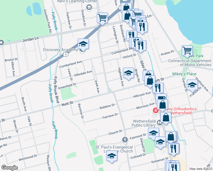 map of restaurants, bars, coffee shops, grocery stores, and more near 183 Wolcott Hill Road in Wethersfield