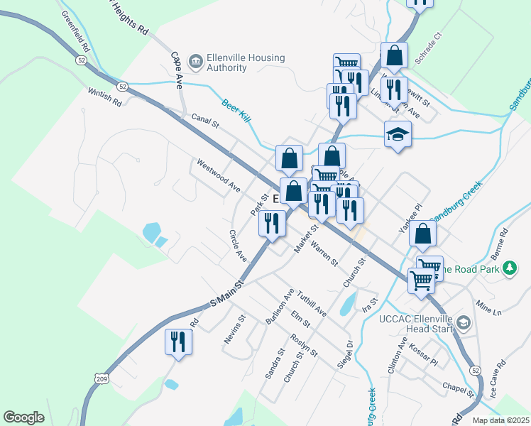 map of restaurants, bars, coffee shops, grocery stores, and more near 14 Warren Street in Ellenville