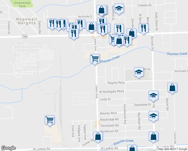 map of restaurants, bars, coffee shops, grocery stores, and more near 5511 Lewis Avenue in Toledo