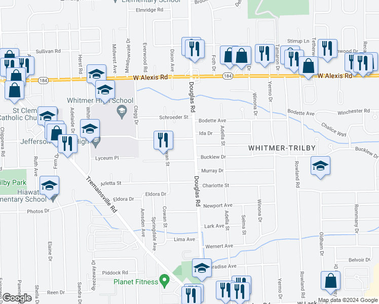 map of restaurants, bars, coffee shops, grocery stores, and more near 5525 Douglas Road in Toledo
