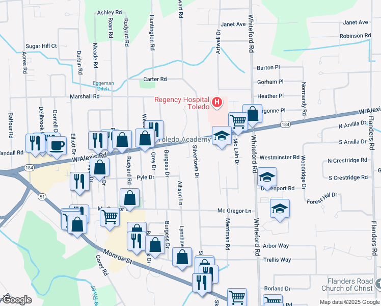 map of restaurants, bars, coffee shops, grocery stores, and more near 5901 West Alexis Road in Sylvania