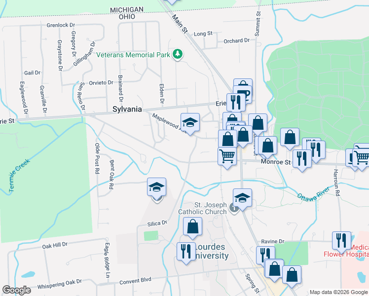 map of restaurants, bars, coffee shops, grocery stores, and more near 6769 Maplewood Avenue in Sylvania