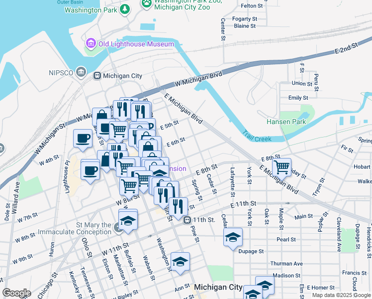 map of restaurants, bars, coffee shops, grocery stores, and more near 616 Spring Street in Michigan City