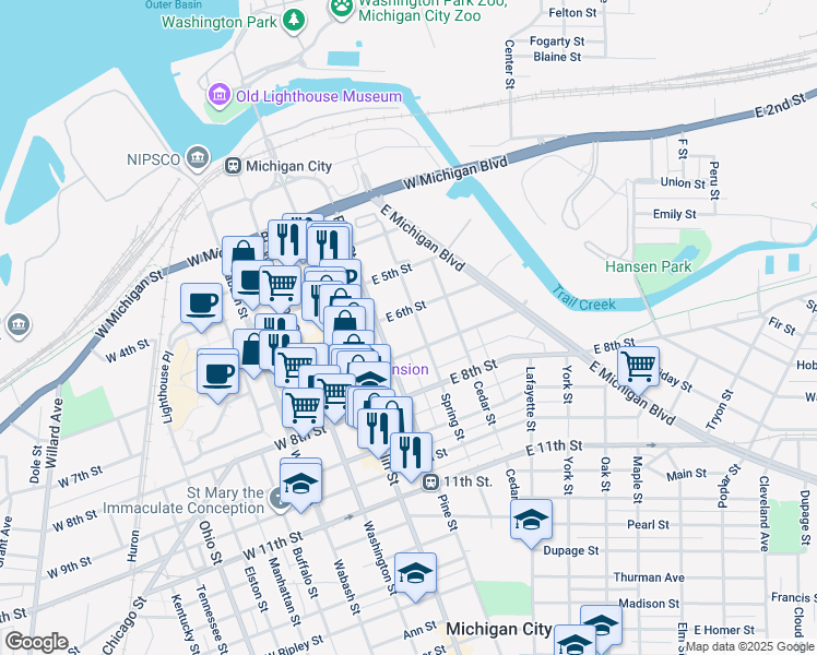 map of restaurants, bars, coffee shops, grocery stores, and more near 616 Spring Street in Michigan City