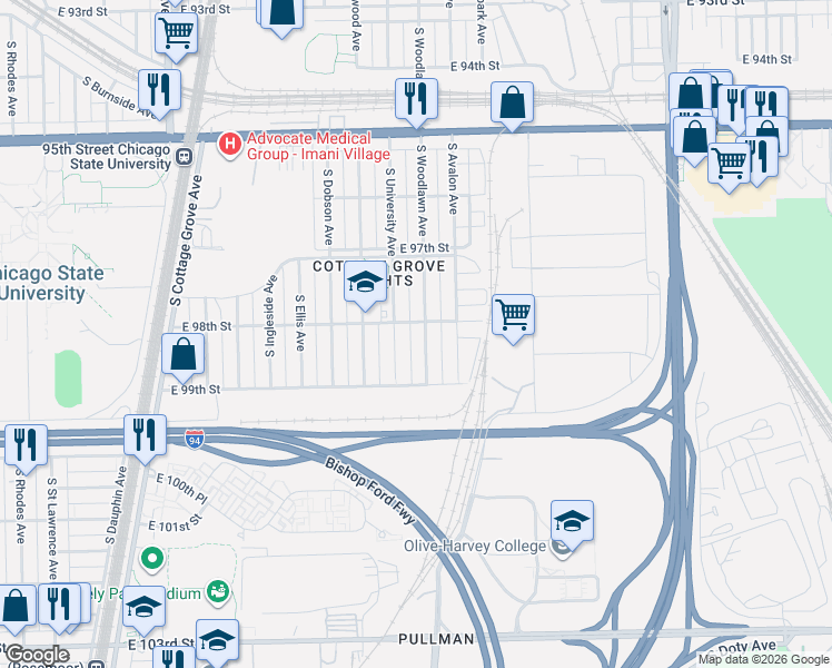 map of restaurants, bars, coffee shops, grocery stores, and more near 9807 South University Avenue in Chicago