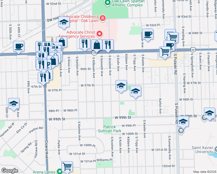 map of restaurants, bars, coffee shops, grocery stores, and more near 9701 South Kenneth Avenue in Oak Lawn