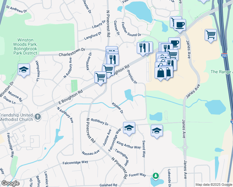map of restaurants, bars, coffee shops, grocery stores, and more near 550 Kildeer Drive in Bolingbrook