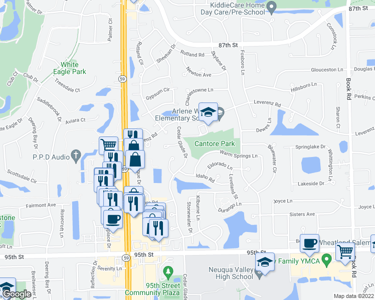 map of restaurants, bars, coffee shops, grocery stores, and more near 2724 Cedar Glade Road in Naperville