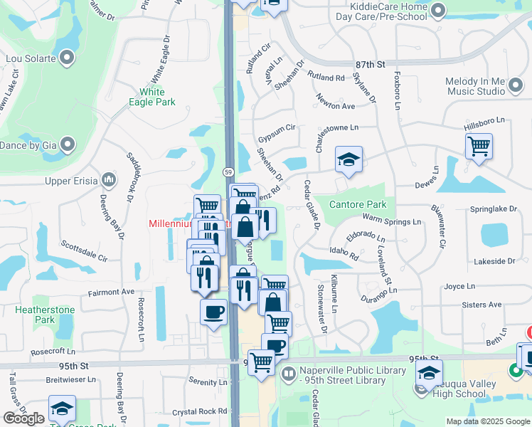 map of restaurants, bars, coffee shops, grocery stores, and more near 2920 Leverenz Road in Naperville