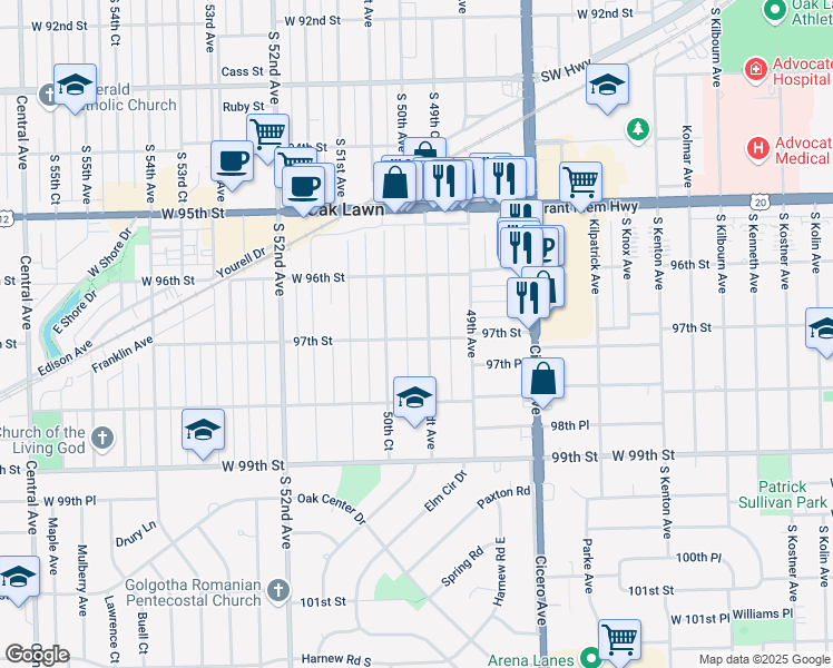 map of restaurants, bars, coffee shops, grocery stores, and more near 9644 Brandt Avenue in Oak Lawn