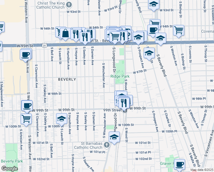 map of restaurants, bars, coffee shops, grocery stores, and more near 9737 South Winchester Avenue in Chicago
