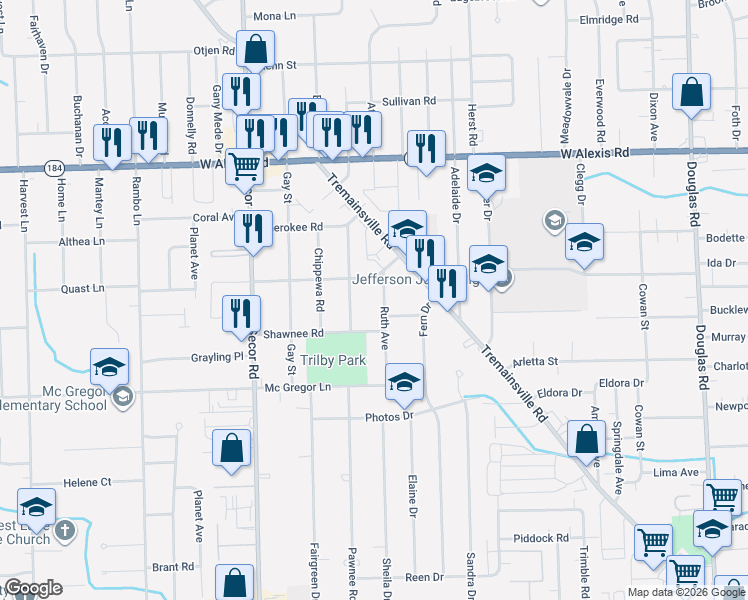 map of restaurants, bars, coffee shops, grocery stores, and more near 5523 Ruth Avenue in Toledo