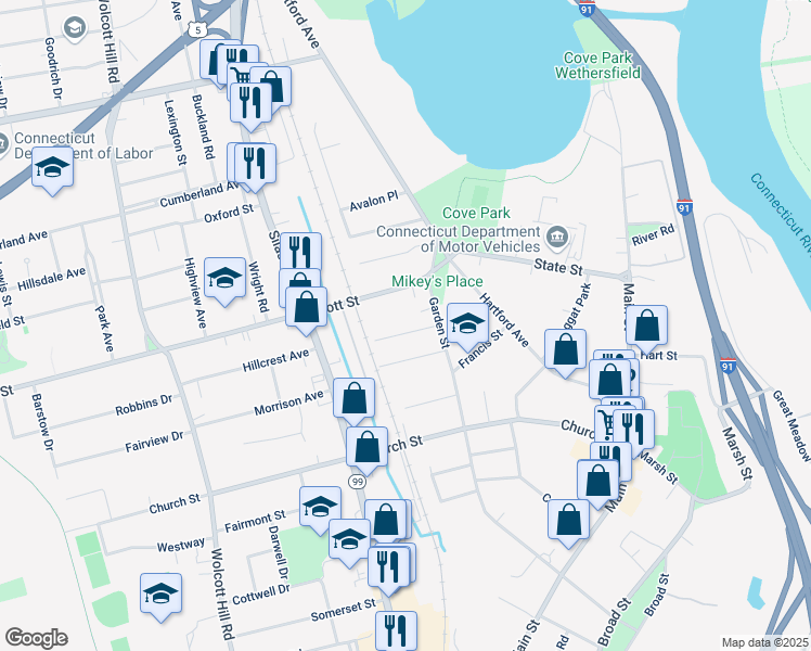 map of restaurants, bars, coffee shops, grocery stores, and more near 6 Hubbard Place in Wethersfield