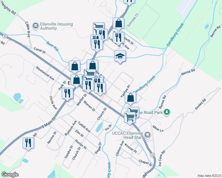 map of restaurants, bars, coffee shops, grocery stores, and more near 7 Maiden Lane in Ellenville