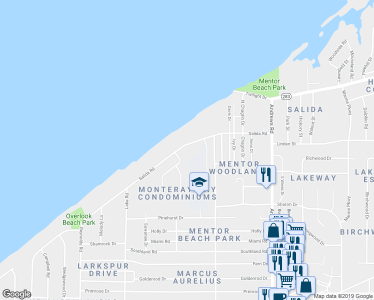 map of restaurants, bars, coffee shops, grocery stores, and more near 7592 Salida Road in Mentor