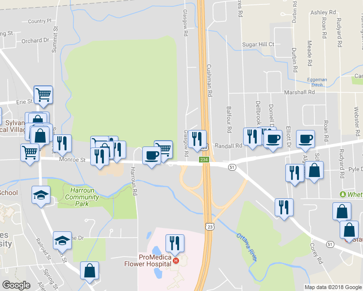 map of restaurants, bars, coffee shops, grocery stores, and more near 5639 Glasgow Road in Sylvania