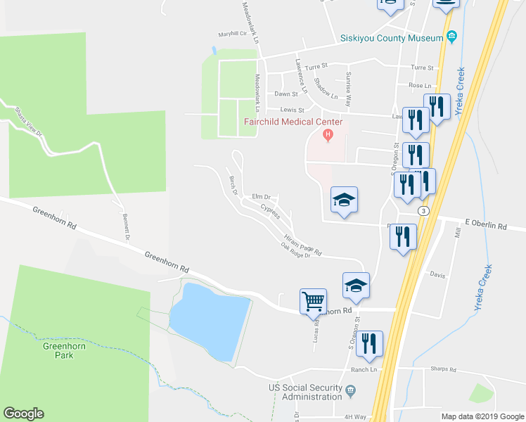 map of restaurants, bars, coffee shops, grocery stores, and more near 370-498 Hiram Page Rd in Yreka