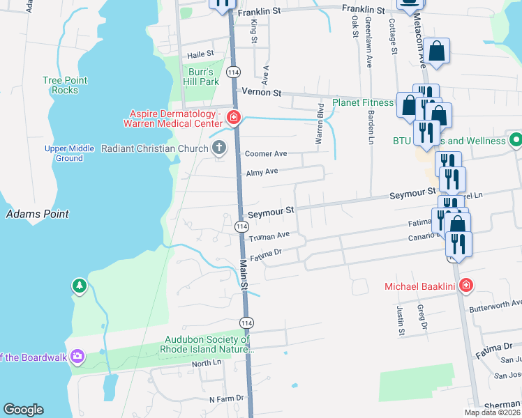 map of restaurants, bars, coffee shops, grocery stores, and more near 22 Seymour Street in Warren
