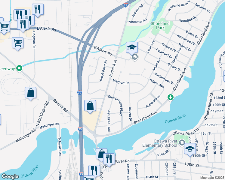 map of restaurants, bars, coffee shops, grocery stores, and more near 5419 Ketukkee Trail in Toledo