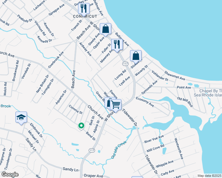 map of restaurants, bars, coffee shops, grocery stores, and more near 80 Damon Avenue in Warwick