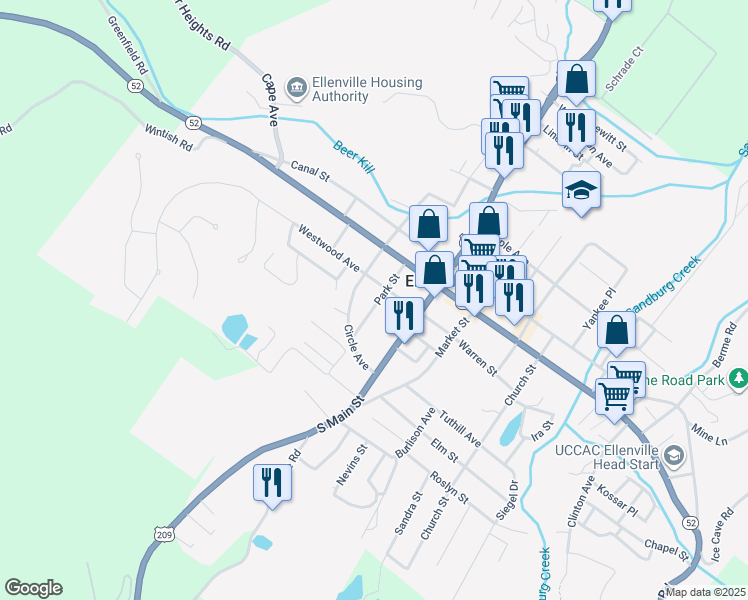 map of restaurants, bars, coffee shops, grocery stores, and more near 15 Park Street in Ellenville