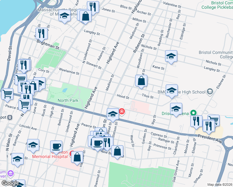 map of restaurants, bars, coffee shops, grocery stores, and more near 22 Greenlawn Street in Fall River