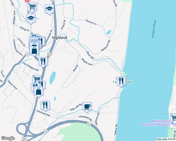 map of restaurants, bars, coffee shops, grocery stores, and more near 29 Maple Ave in Highland
