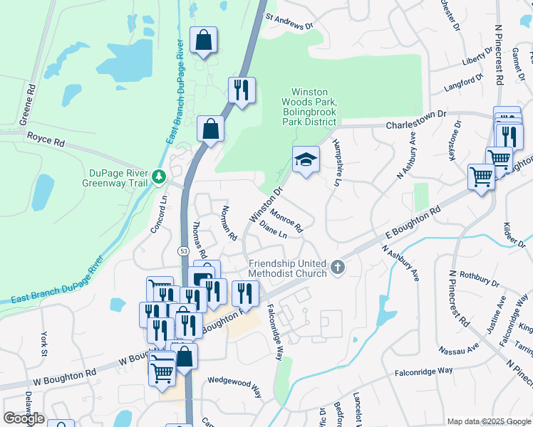 map of restaurants, bars, coffee shops, grocery stores, and more near 203 Monroe Road in Bolingbrook