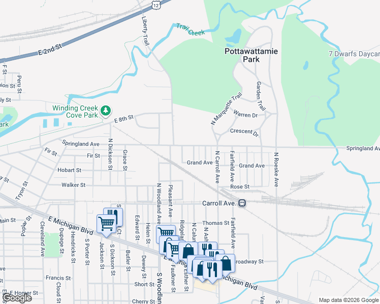 map of restaurants, bars, coffee shops, grocery stores, and more near 631 Ridgeland Avenue in Michigan City
