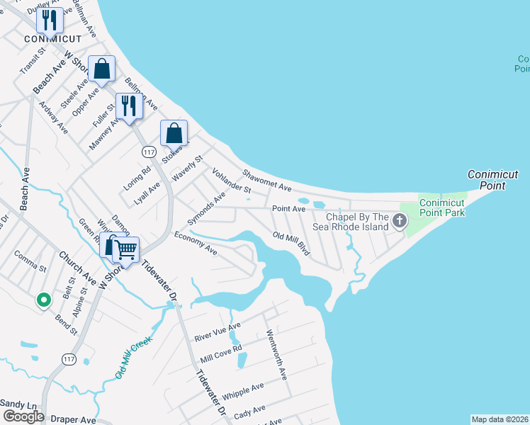 map of restaurants, bars, coffee shops, grocery stores, and more near 282 Point Avenue in Warwick