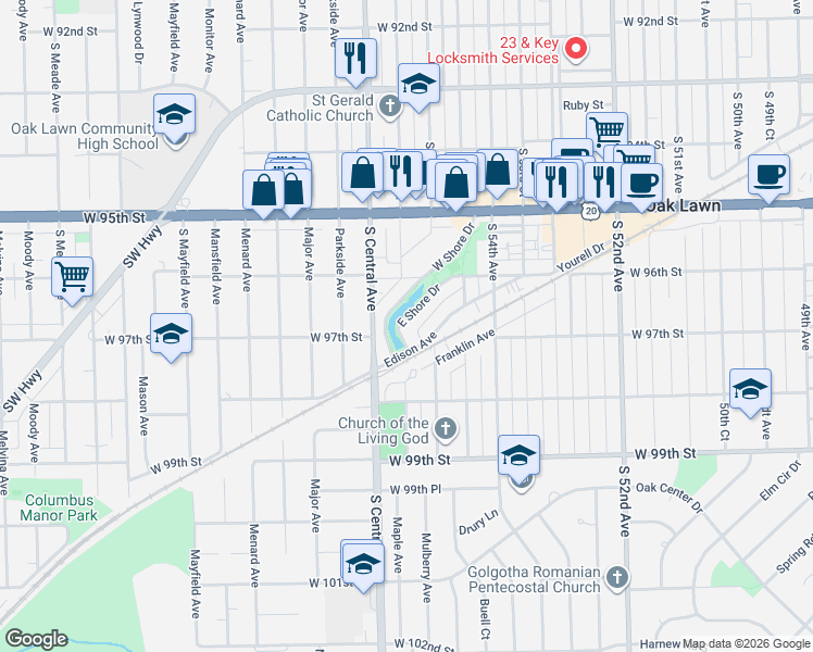 map of restaurants, bars, coffee shops, grocery stores, and more near 9641 East Shore Drive in Oak Lawn