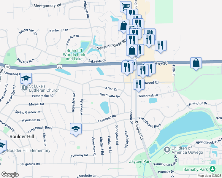 map of restaurants, bars, coffee shops, grocery stores, and more near 31 Afton Drive in Montgomery