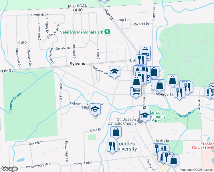 map of restaurants, bars, coffee shops, grocery stores, and more near 6769 Maplewood Avenue in Sylvania