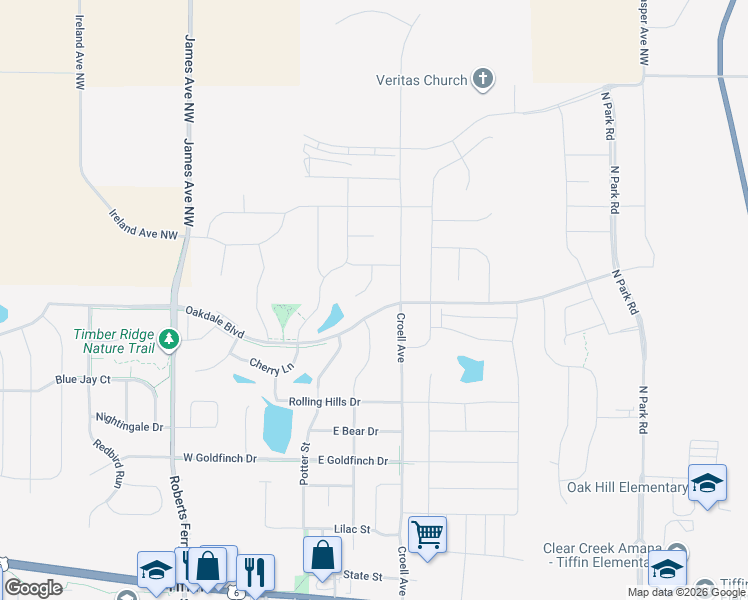 map of restaurants, bars, coffee shops, grocery stores, and more near 505 Edelweiss Lane in Tiffin