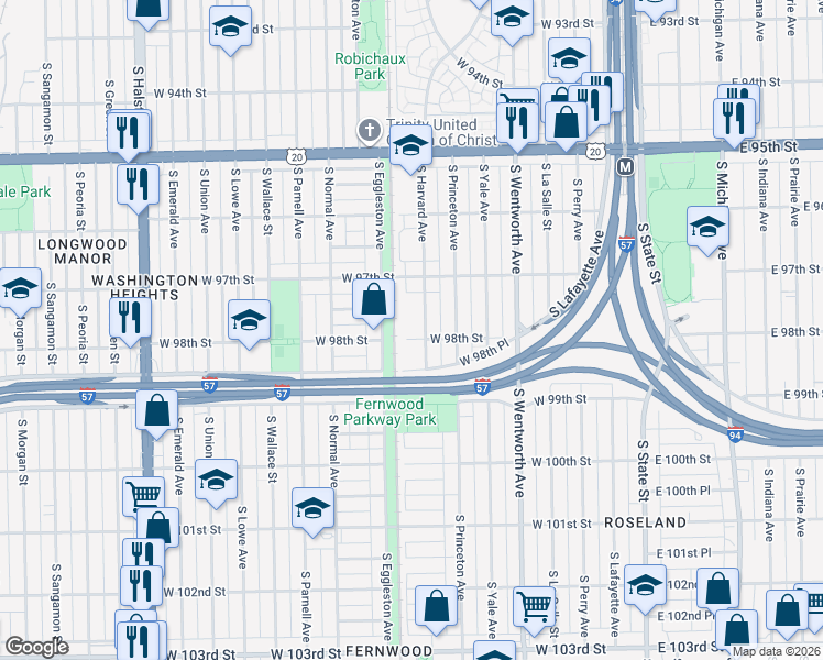 map of restaurants, bars, coffee shops, grocery stores, and more near 9752 S Harvard Ave in Chicago