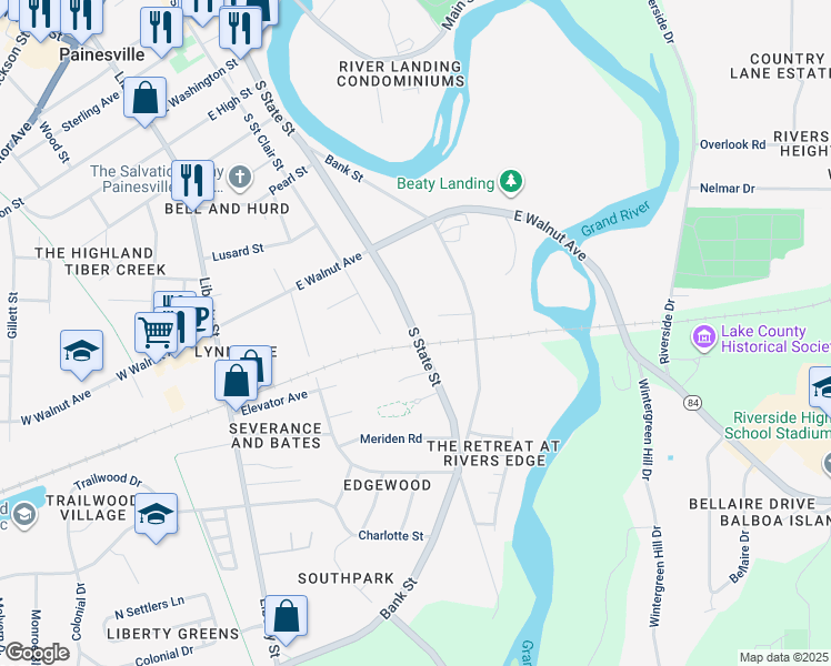 map of restaurants, bars, coffee shops, grocery stores, and more near 577 South State Street in Painesville