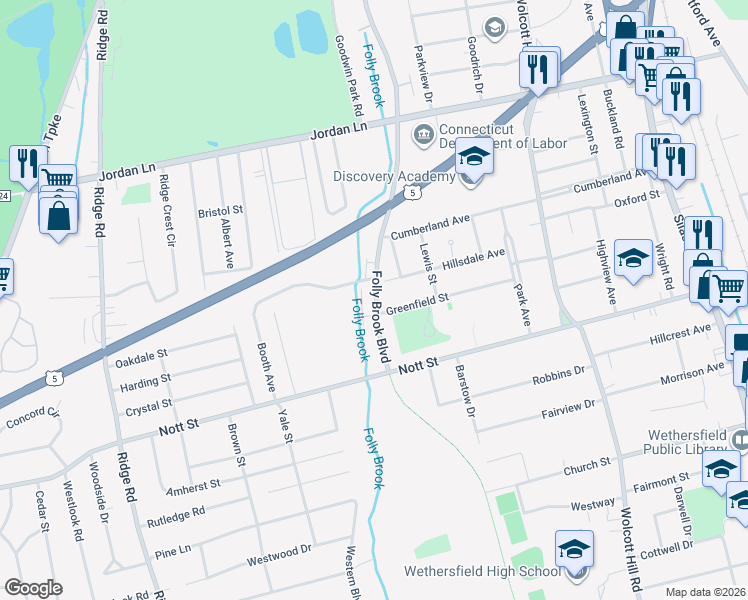 map of restaurants, bars, coffee shops, grocery stores, and more near 321 Folly Brook Boulevard in Wethersfield