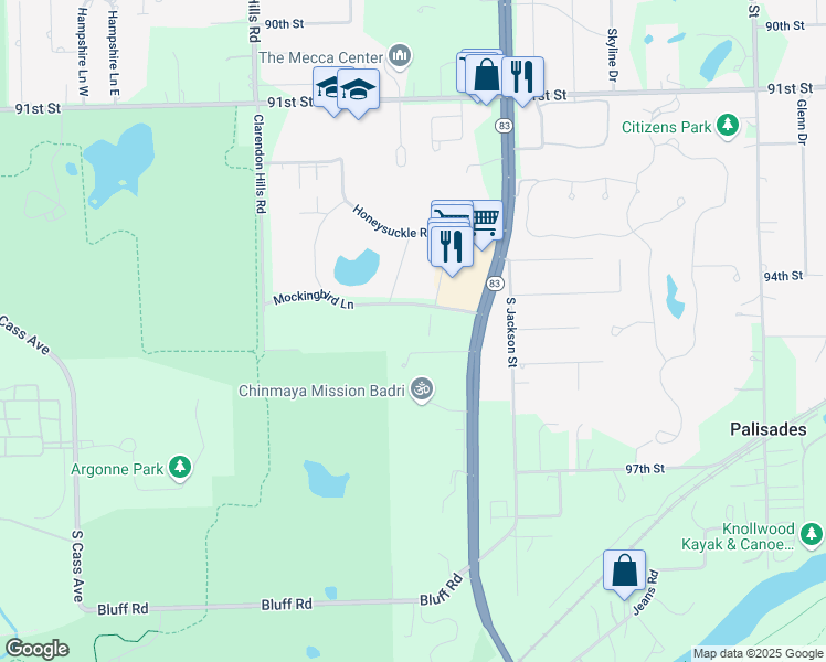 map of restaurants, bars, coffee shops, grocery stores, and more near 16W543 Mockingbird Lane in Willowbrook